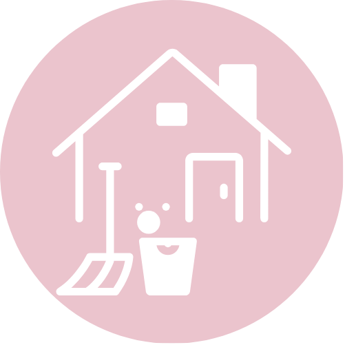 Line drawing of a house with a door, window, chimney, and a small yard with a shovel and bucket, set against a pink circular background.