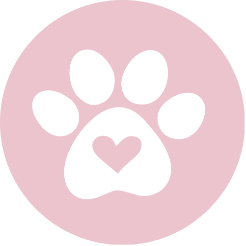 Pink background with a white paw print featuring a heart shape in the center of the paw pad.