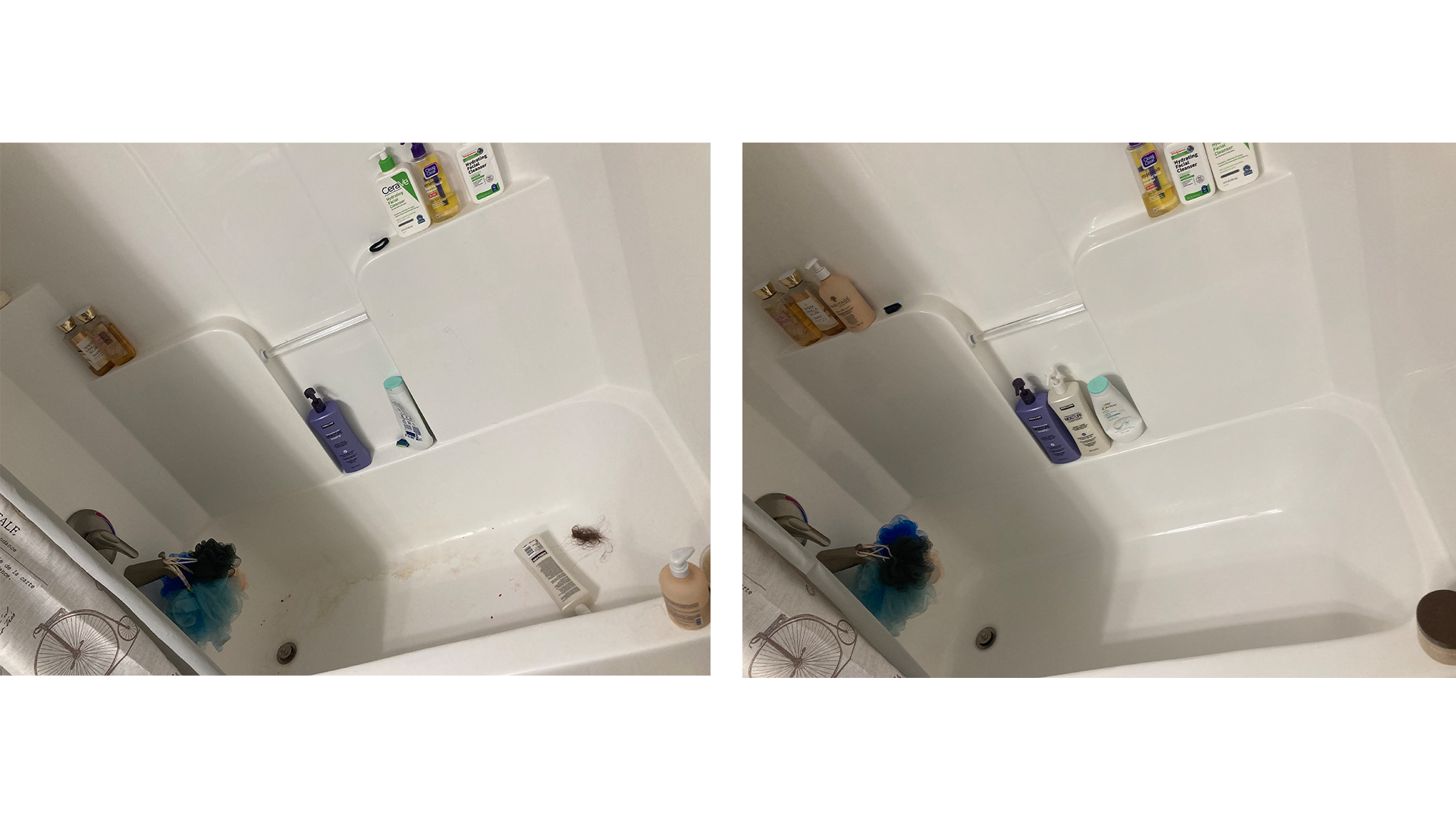 Comparison of a bathroom shower with and without cleaning; the left side shows a dirty shower with grime and hair, and the right side shows the same shower cleaned and spotless.