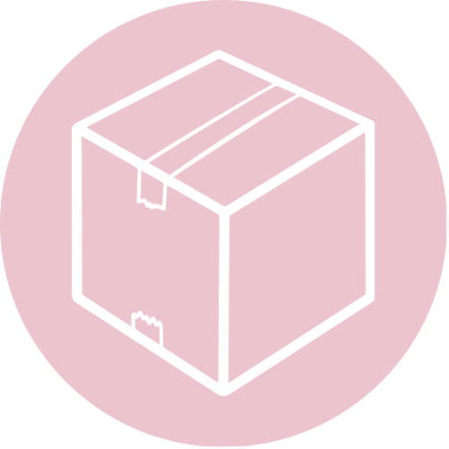 Simple line drawing of a cardboard box with tape on a pink circular background.