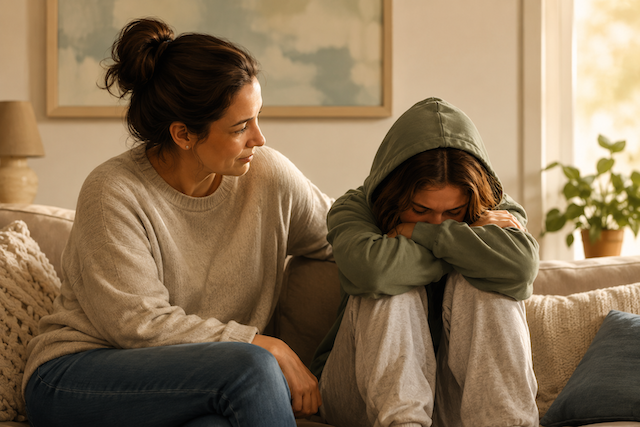 A mother sits beside her distressed teenager on a couch, leaning in with a calm and attentive expression while the teen sits curled up with their head down.