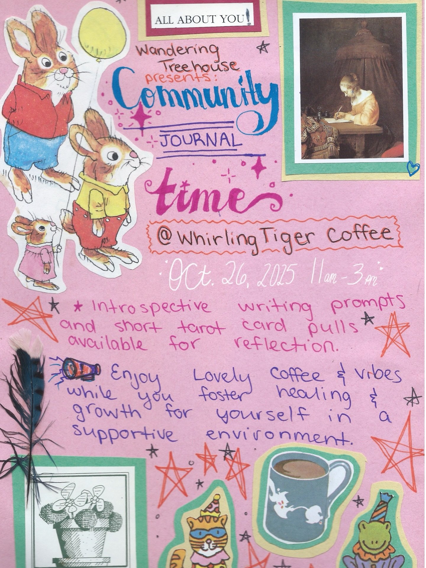 Hey tigers! 🐅☕️Looking for something fun &amp; free to do this Sunday? Join us for a community journaling event in the loft, hosted by @wanderingtreehouse &amp; @xdgenderxd 🌳

Sip on a &ldquo;head in the clouds caf&eacute; au lait&rdquo; and let th