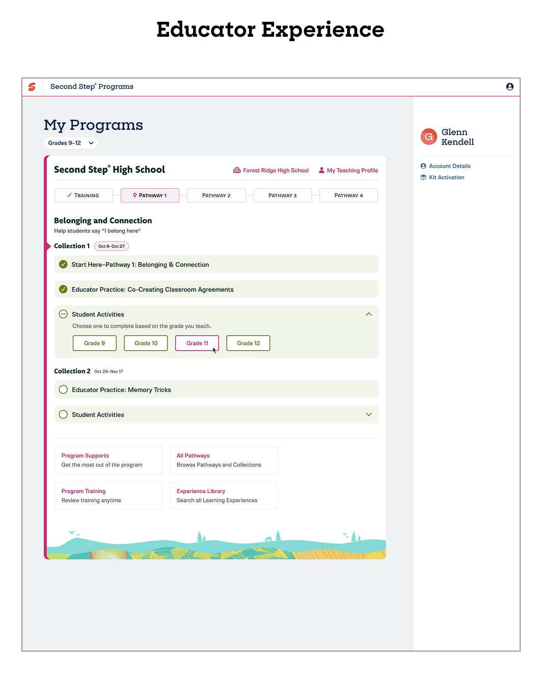 The landing page of the educator experience aimed to guide teachers through training exercises and provide at-a-glance feedback on their progression through the program.