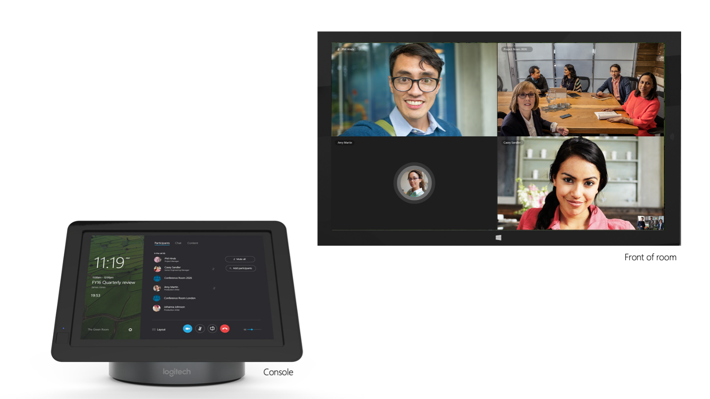 Meeting participants appear on a large screen in the room. They can join the call via mobile phones, laptops, a standard phone call, or other meeting rooms.