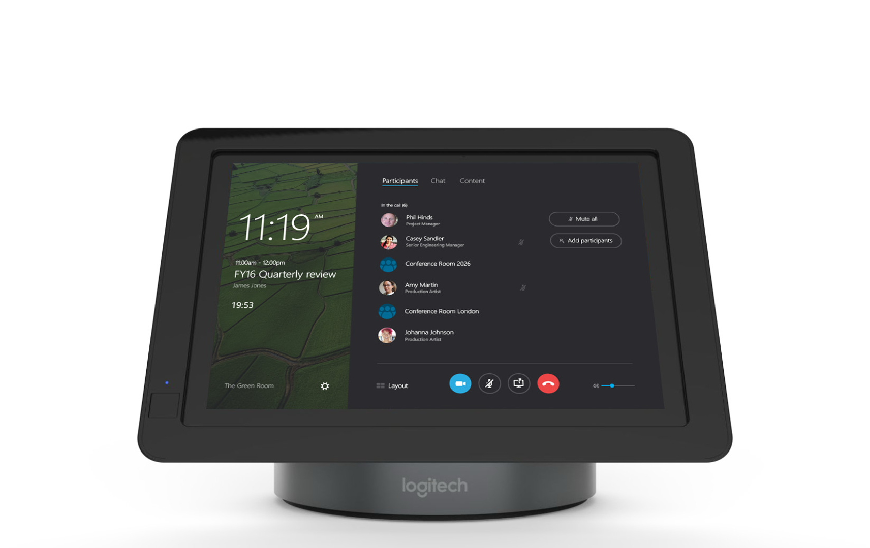The console hardware was designed around the Surface Pro tablet. We collaborated with multiple partners including Logitech and Polycom to create unique hardware docks that customers could choose from.