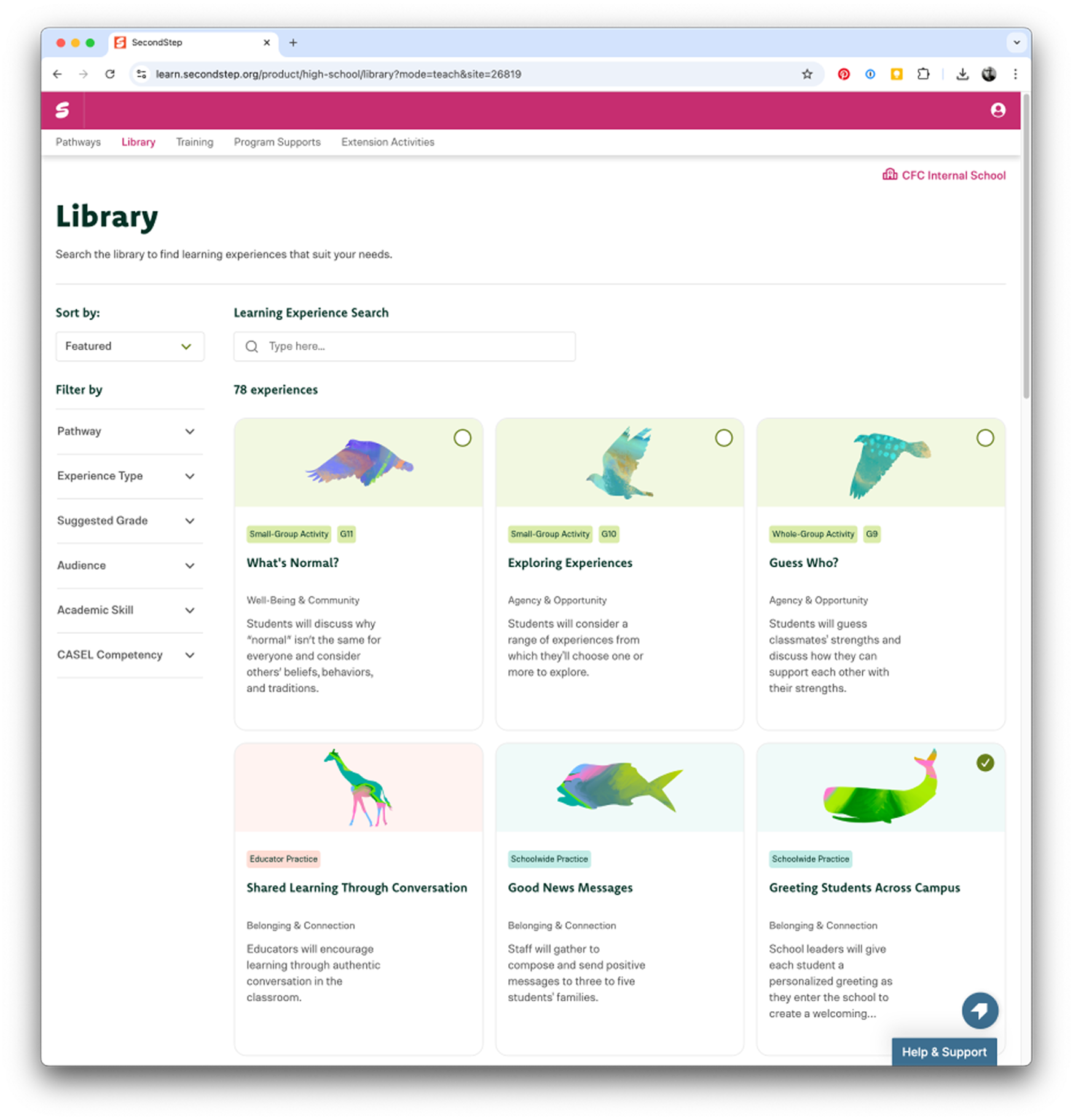 A sortable, searchable resource library of all curriculum activities was built as a convenient way to revisit individual items.