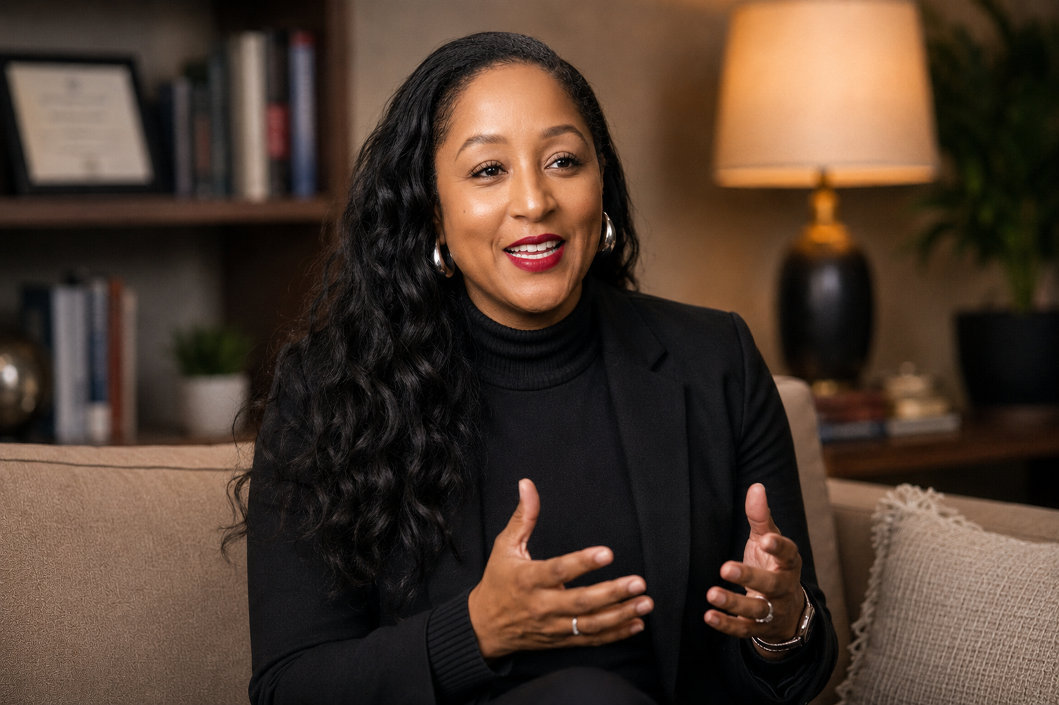 A woman with long black curly hair, wearing a black turtleneck and blazer, is sitting on a beige sofa, speaking and gesturing with her hands in a cozy, well-lit room with a bookshelf and lamp in the background.