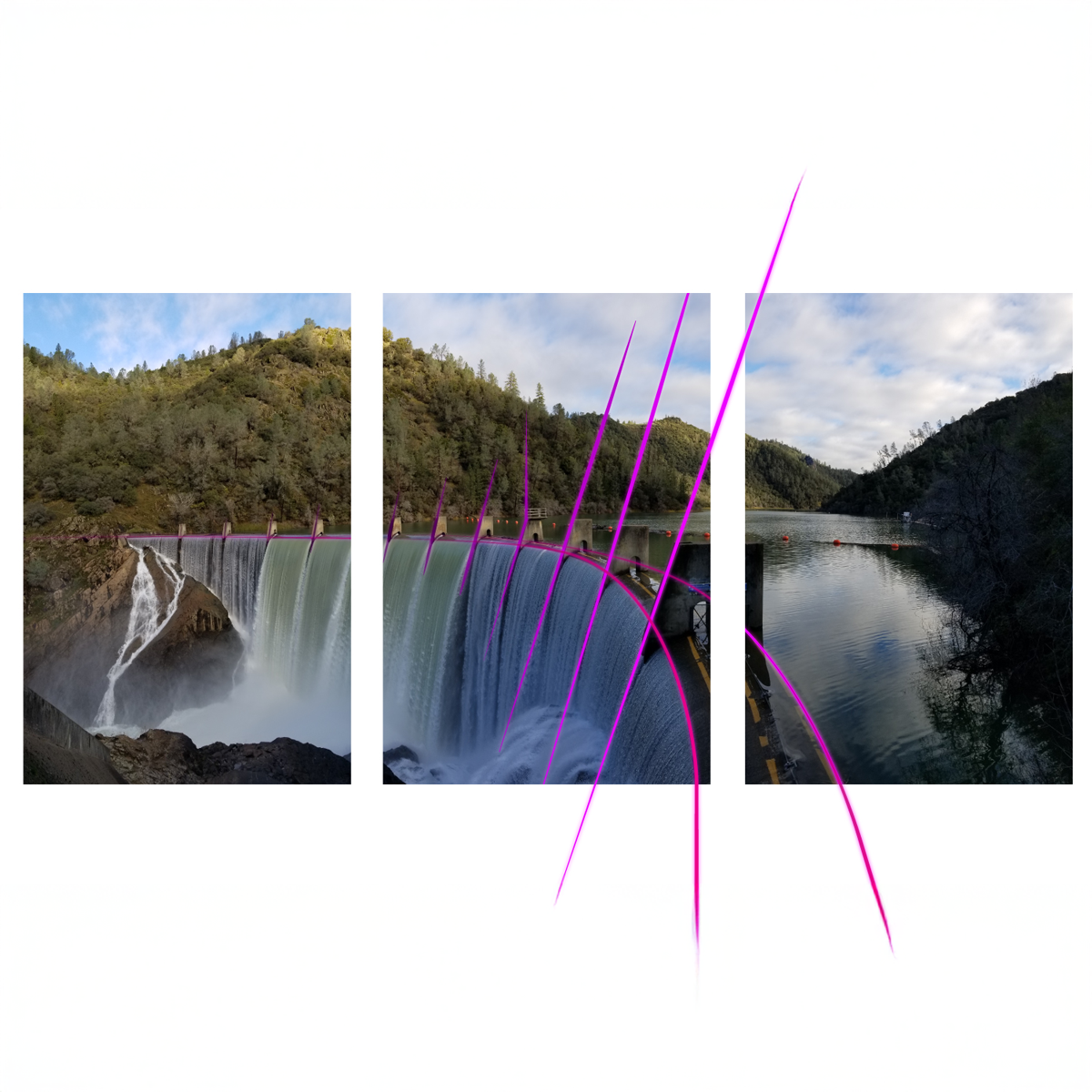 The Auburn Dam divided in three images. Pink lines divide barriers. 