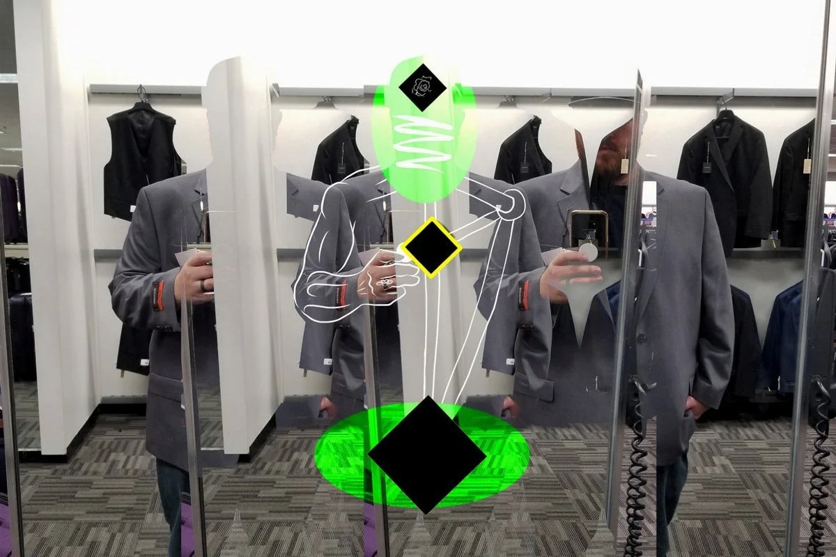 Mirrored images of a man standing in a jacked, hid face, chest, and pelvis are blacked out.