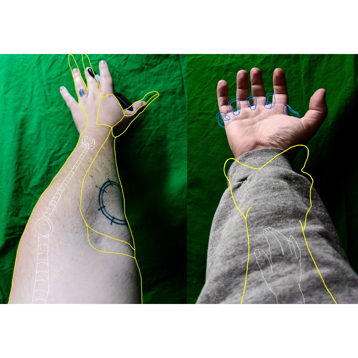 Two hands extended away, with flat illustrations of other hands on top. 