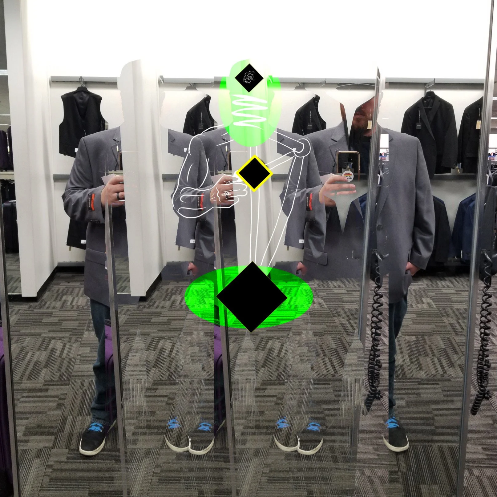 Mirrored images of a man standing in a jacked, hid face, chest, and pelvis are blacked out.