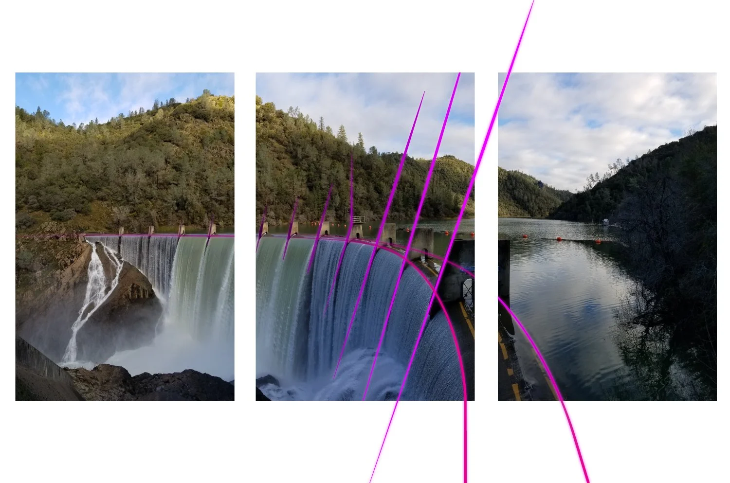The Auburn Dam divided in three images. Pink lines divide barriers. 