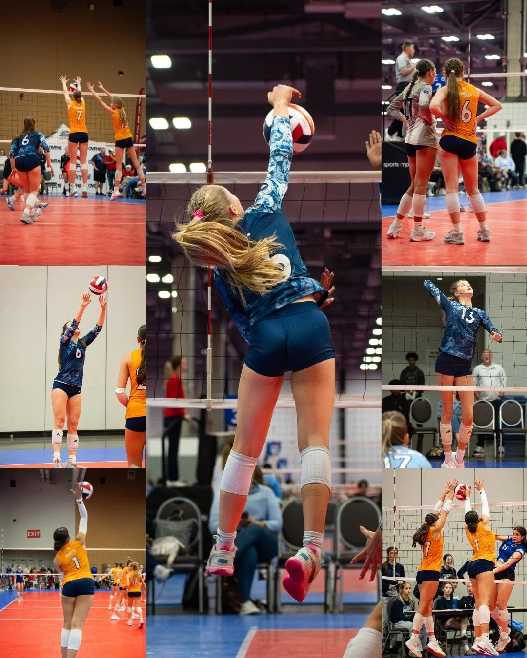 Multiple scenes of female volleyball players in action during matches, including serving, blocking, and spiking, in indoor volleyball courts.