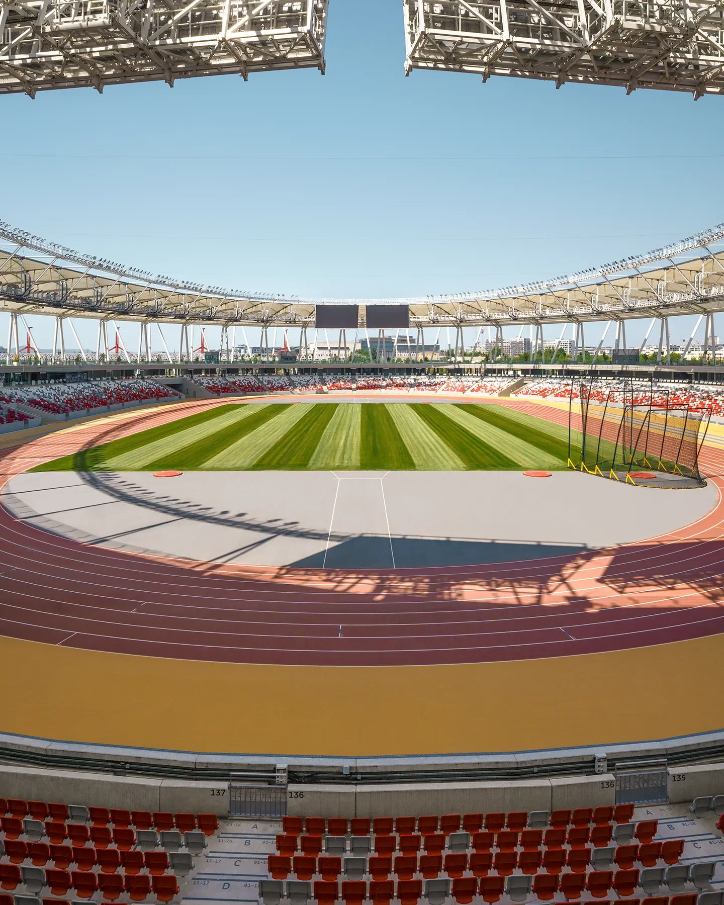 Cropped panorama of Budapest Athletics Stadium arena from opposite side at midday
