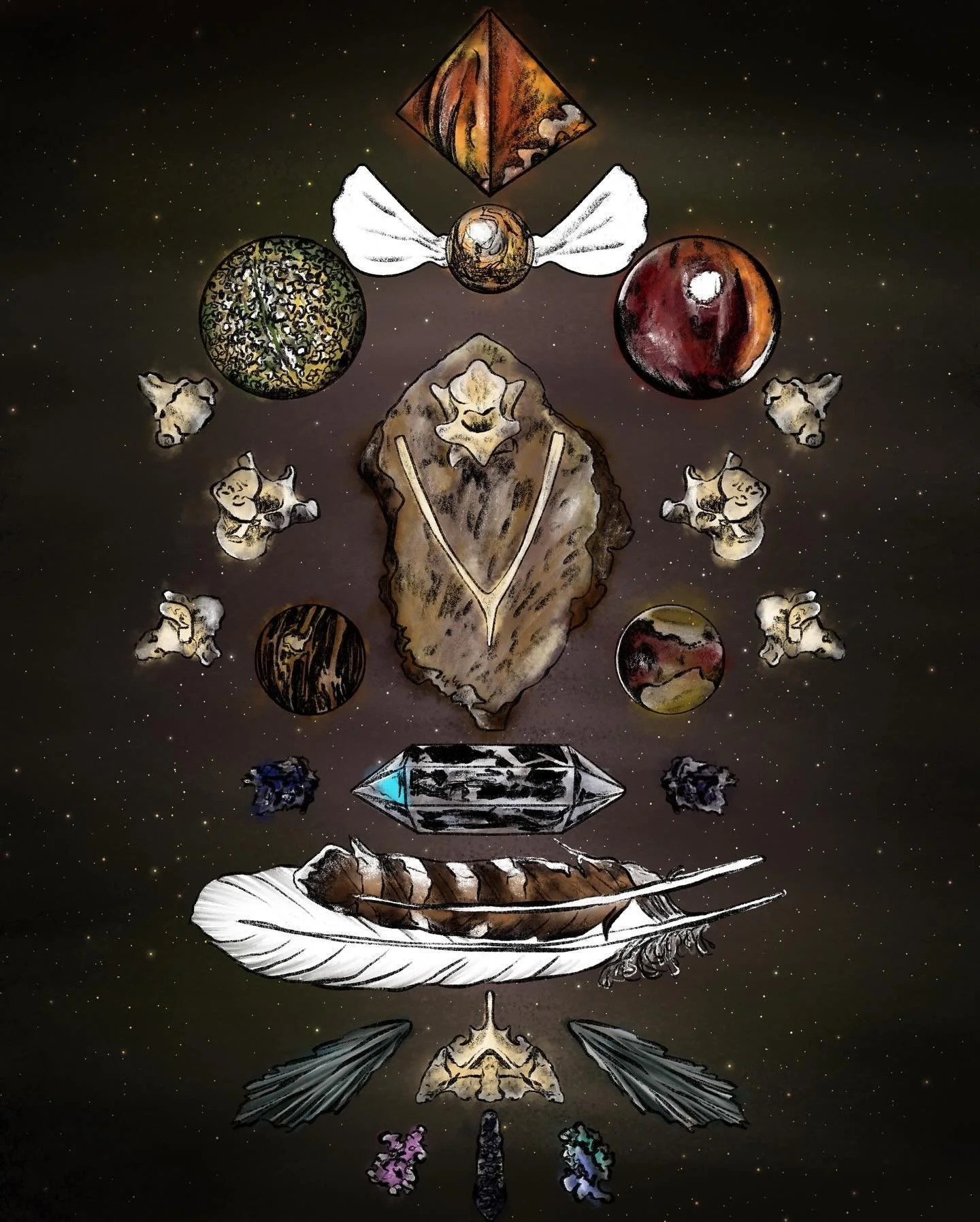 My friend @madam_jinx makes these beautiful grids that include all sorts of things. Bones, crystals, minerals, feathers, and whatever else catches her eye. This one caught my eye and begged me to draw it. I don&rsquo;t know if you&rsquo;ve noticed, b