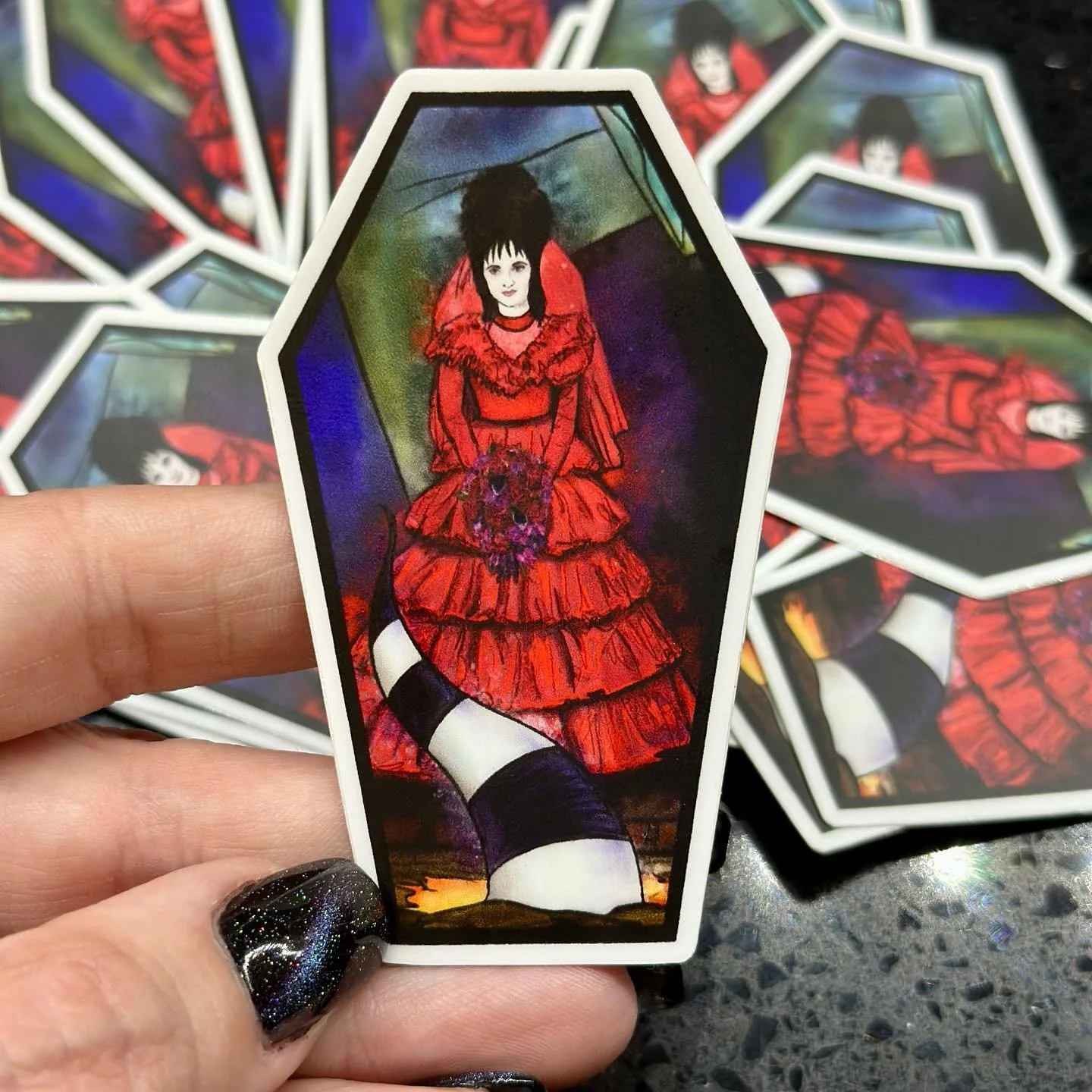 My Beetlejuice sticker series continues! Lydia Deetz in her red [forced] wedding dress. Thank the lucky stars that sandworm crashed through the house. No one has time to be married to a ghost, even one with the most. #lydiadeetz #beetlejuice #sticker