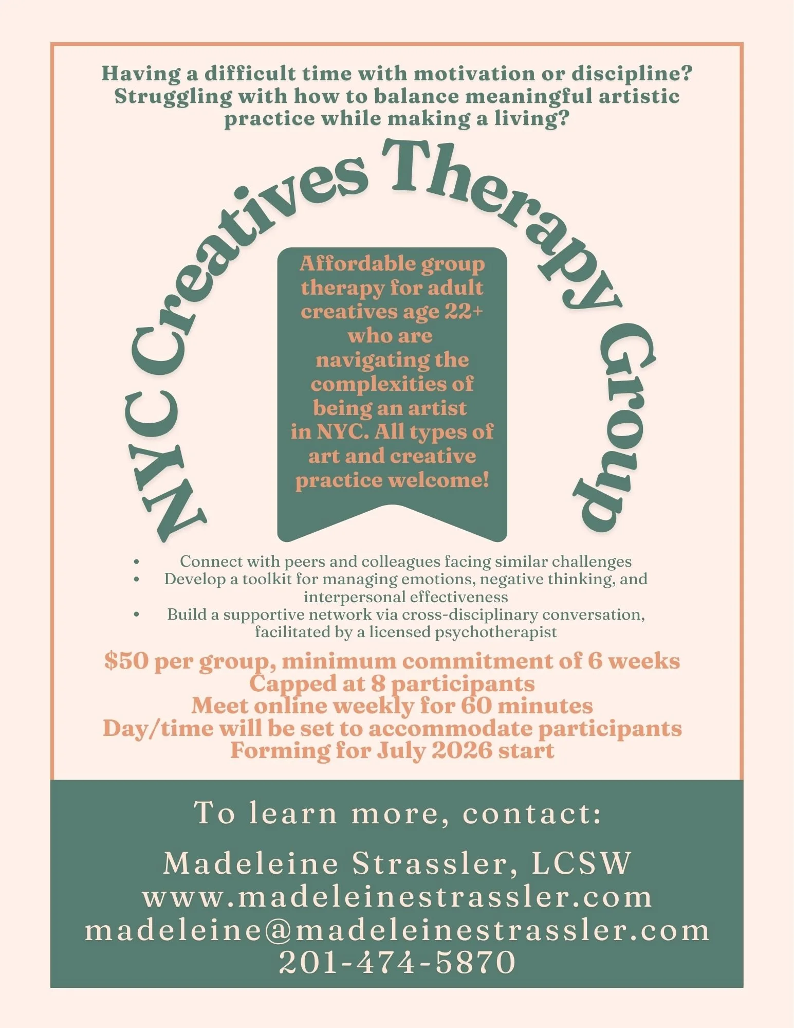 Advertisement for a therapy group named 'NYC Creative Therapy Group' for adult creatives age 22 and older in NYC, offering affordable group therapy focusing on navigating artistic complexities and emotional management.