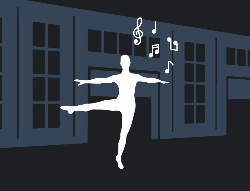 Dancer silhouette with music notes in front of a steel building background
