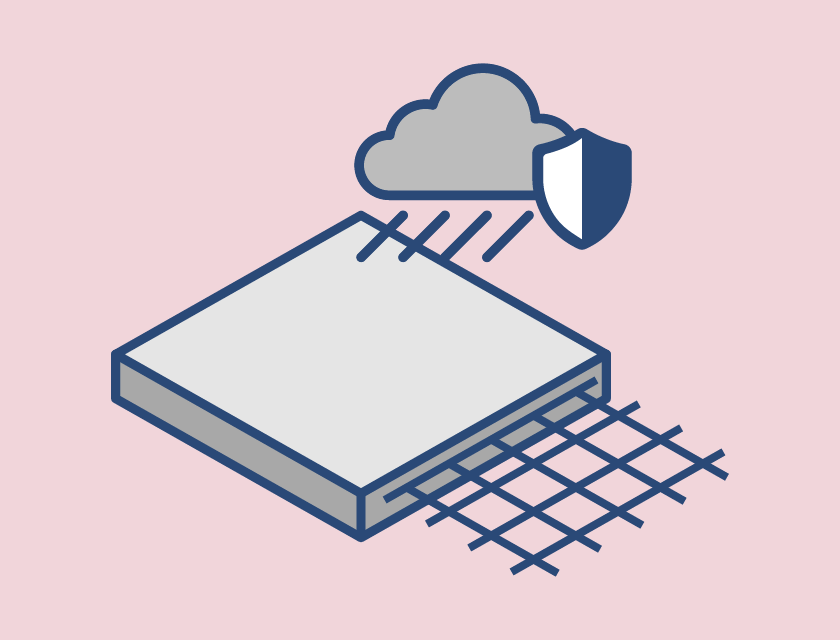 Illustration icon of concrete and rebar underneath a raincloud and shield