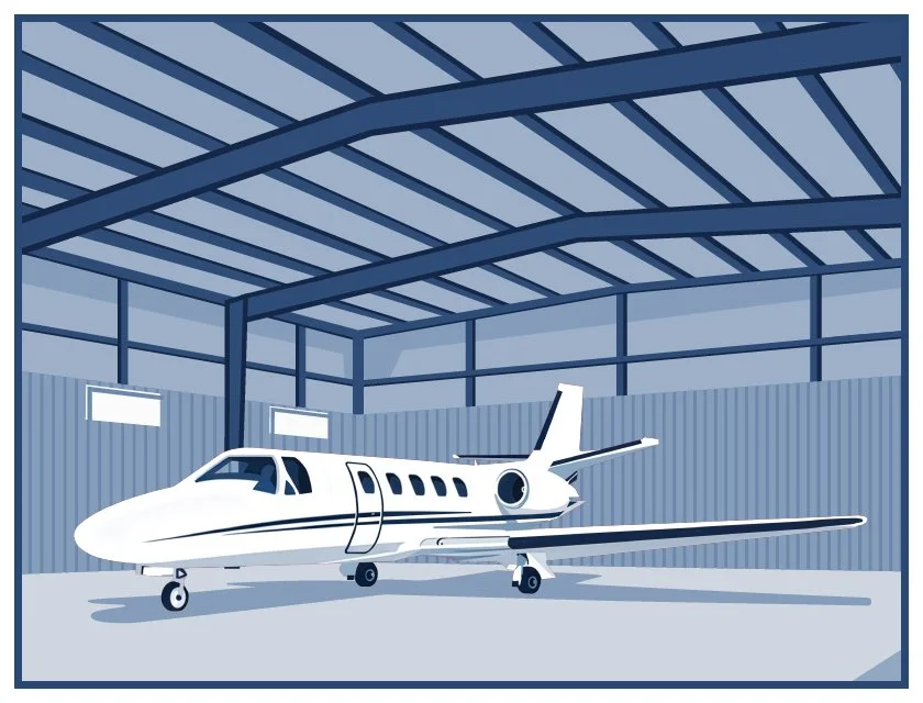 Blue monochrome illustration of an airplane in a steel building kit hangar