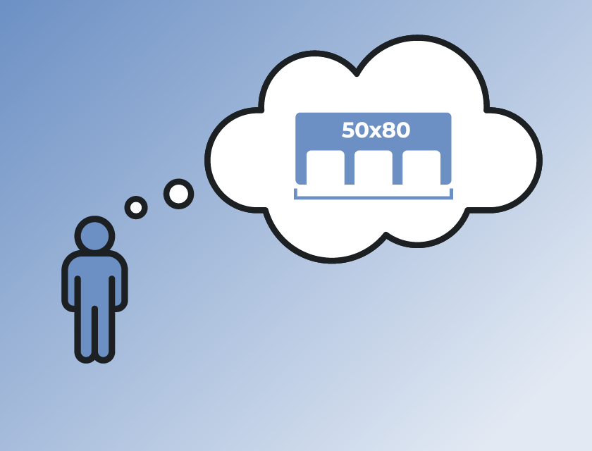 Icon on a person and a thought bubble, showing a commercial garage space with a 50x80 label.
