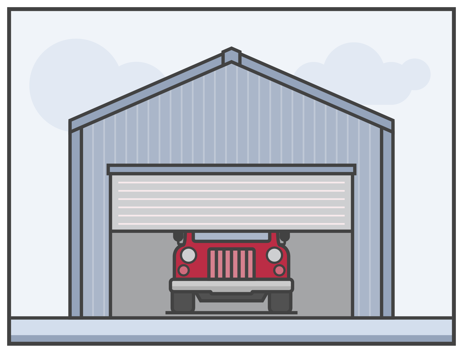 Illustration of a metal building kit with a red SUV inside