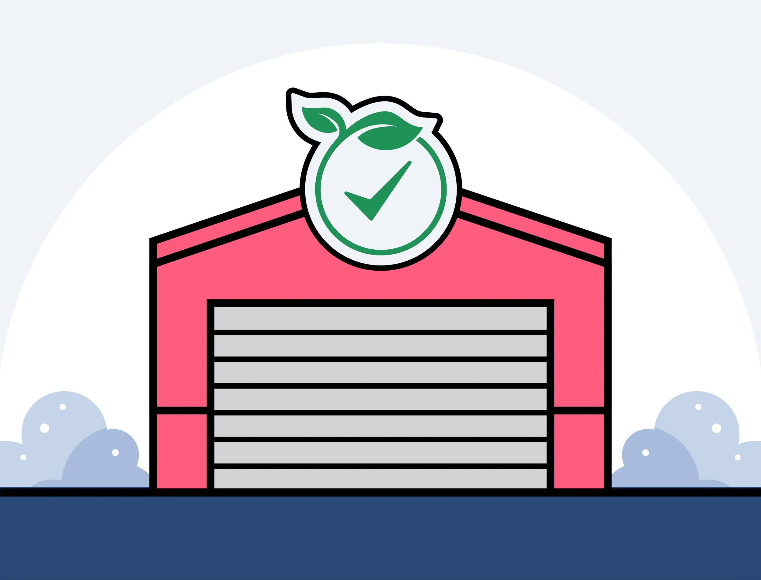 Metal building illustration with an overlapping green energy checkmark with leaf icon