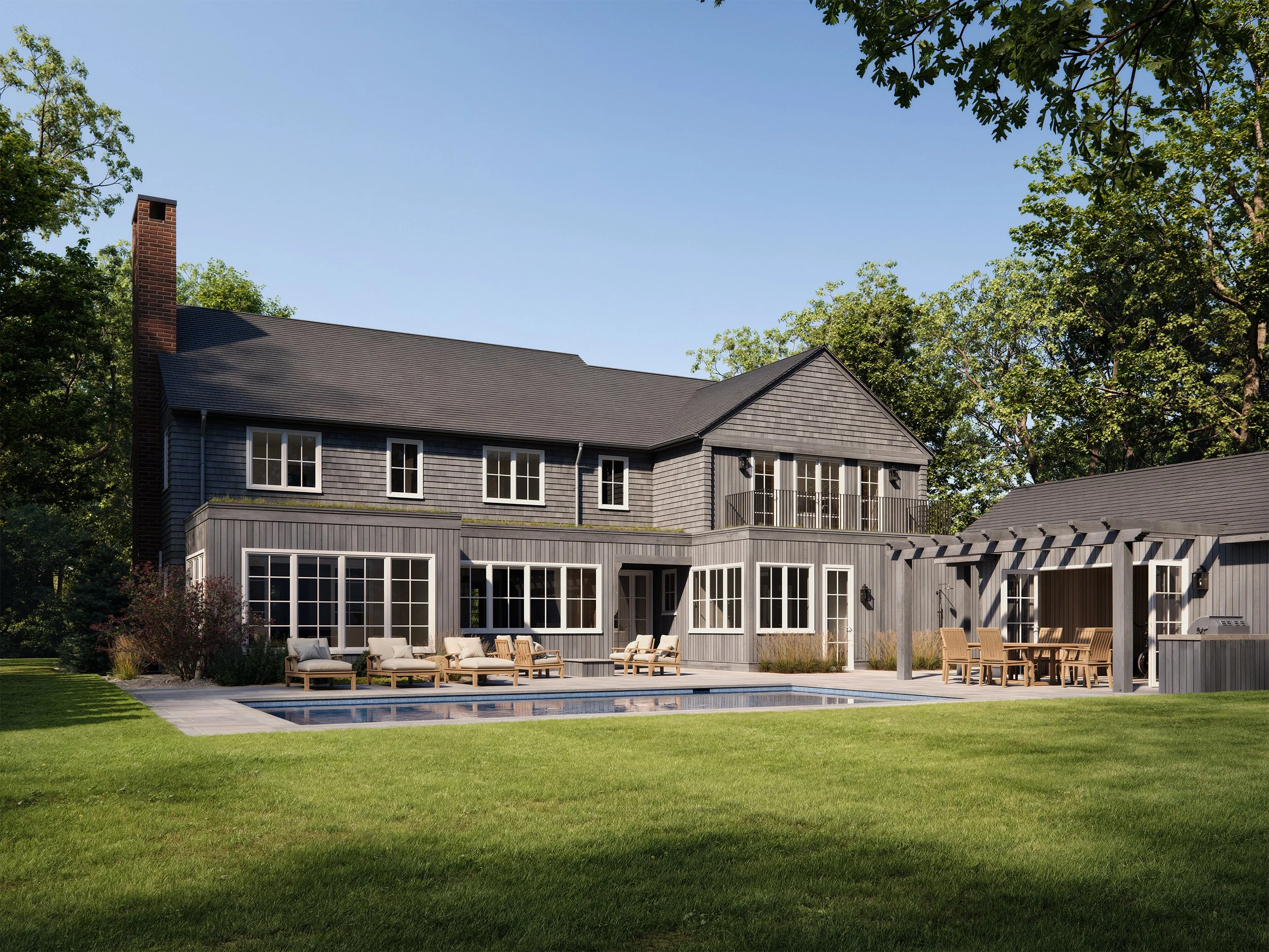 Modern two-story house with a large garden, outdoor seating area, and swimming pool in the backyard on a sunny day.