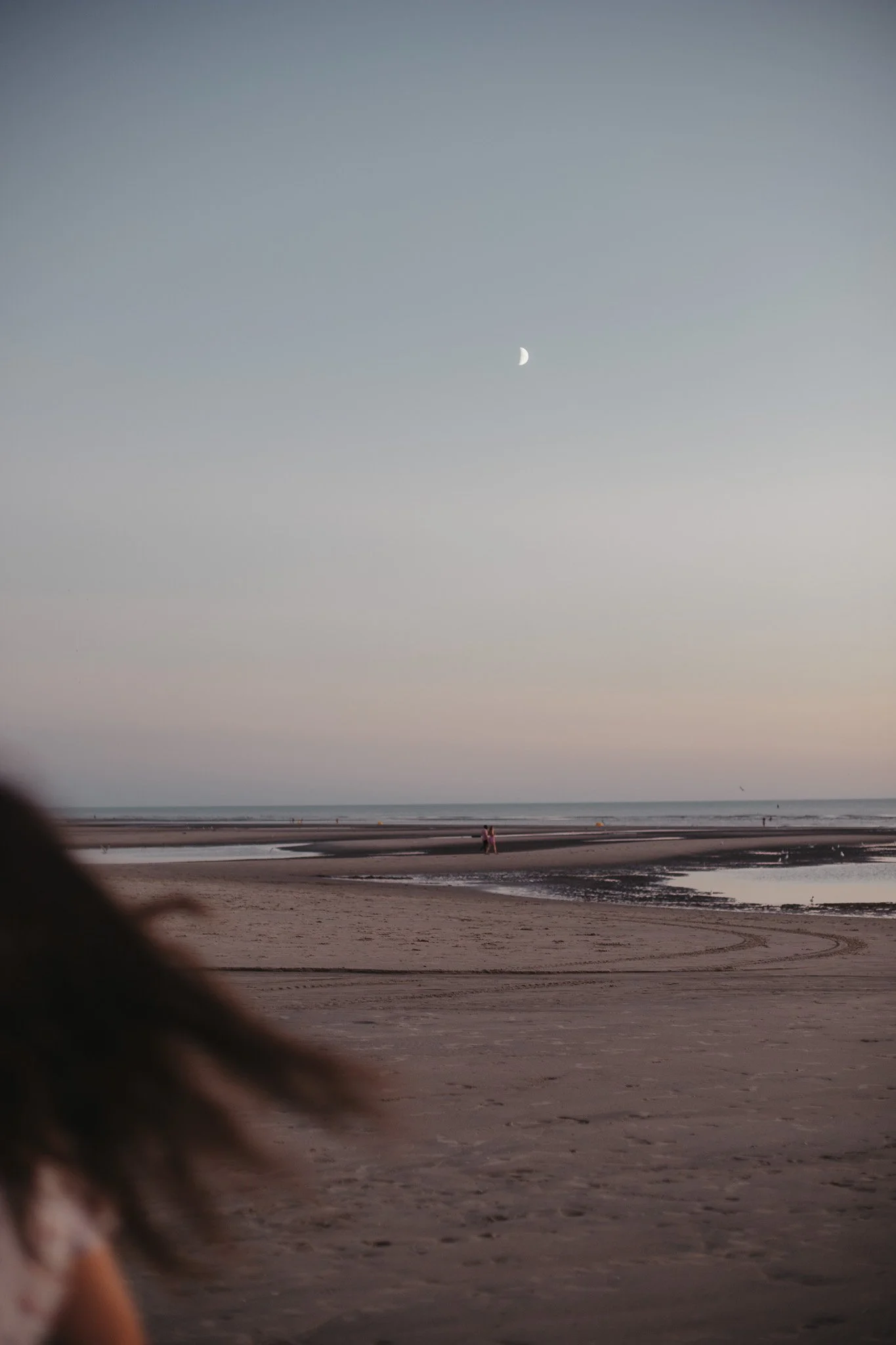 A beach scene at dusk with the moon in the sky, sandy shore in the foreground, and a few people walking near the water.