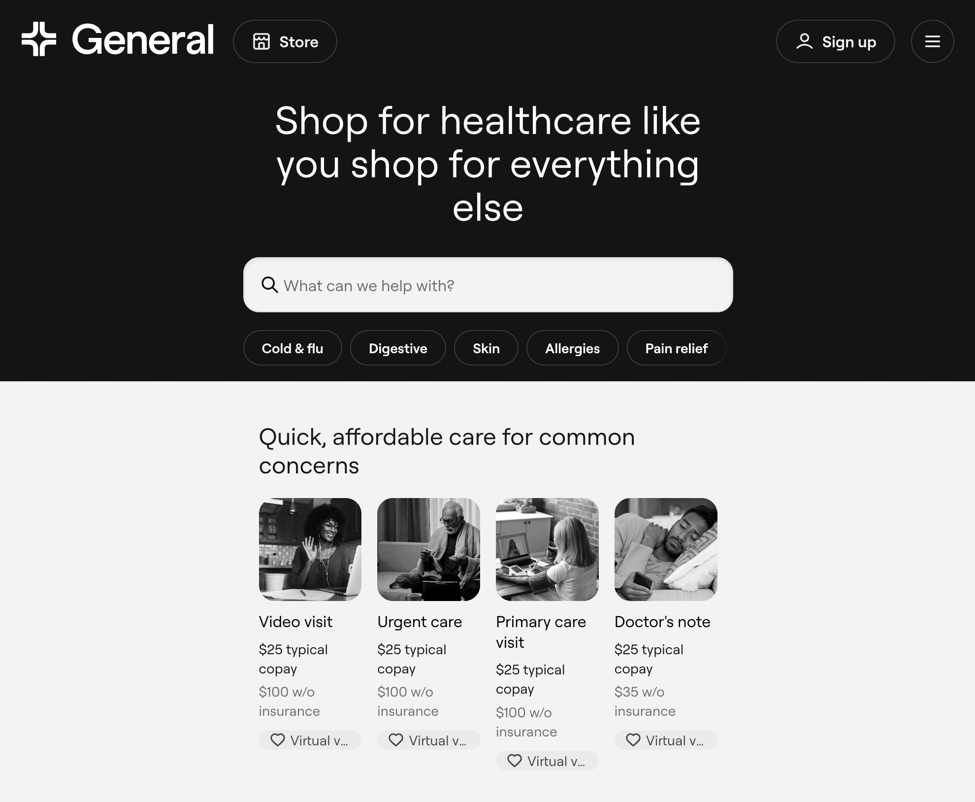 Screenshot of a healthcare shopping website homepage with a black background and white text. It features a search bar and categories like Cold & Flu, Digestive, Skin, Allergies, Pain Relief. Below, there are images of people in medical or health-related situations, with brief descriptions and prices.