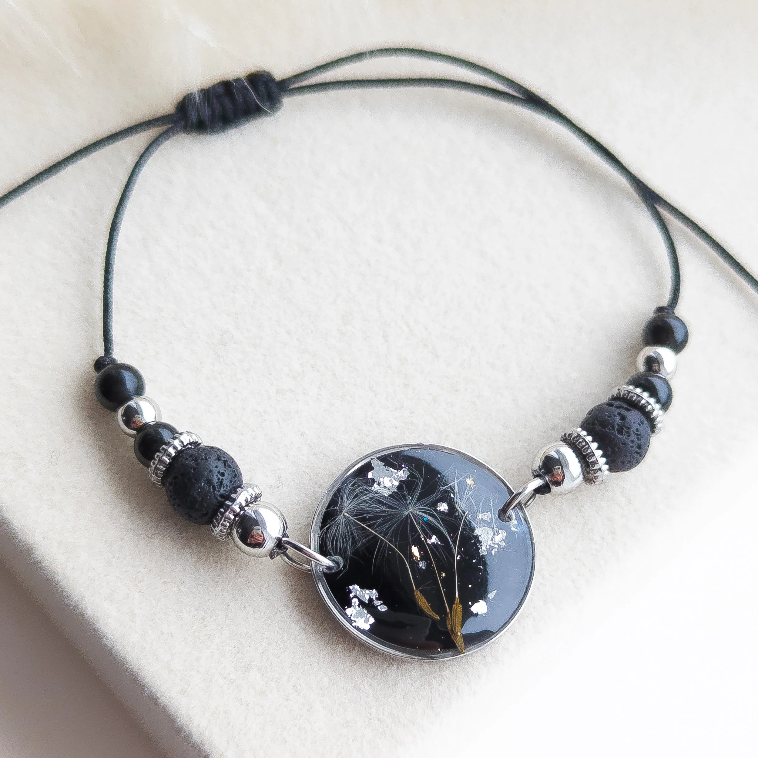 Dandelion, Obsidian and Lava Adjustable Cord Bracelet