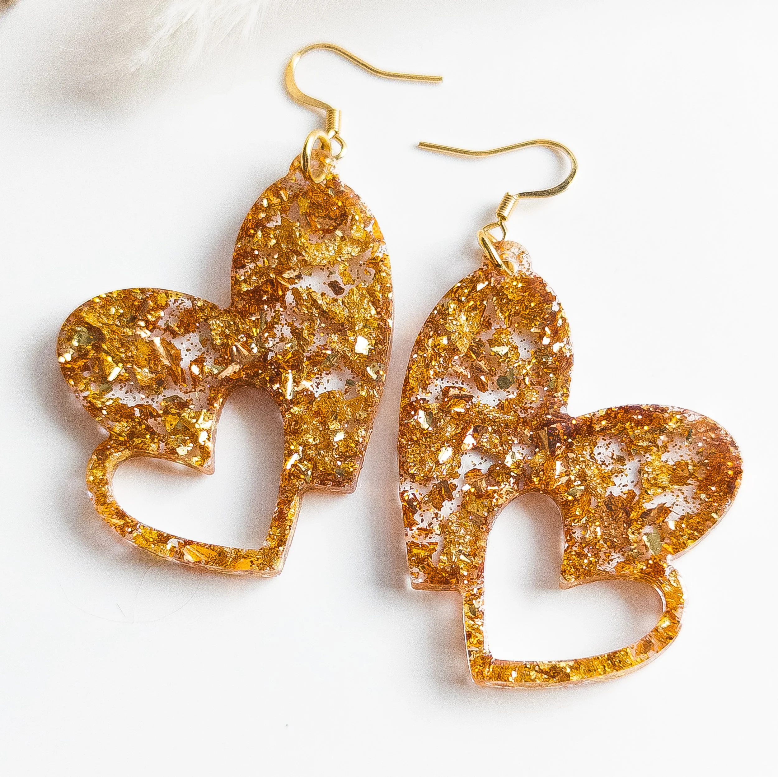 Golden Copper Glitter Heart Earrings
