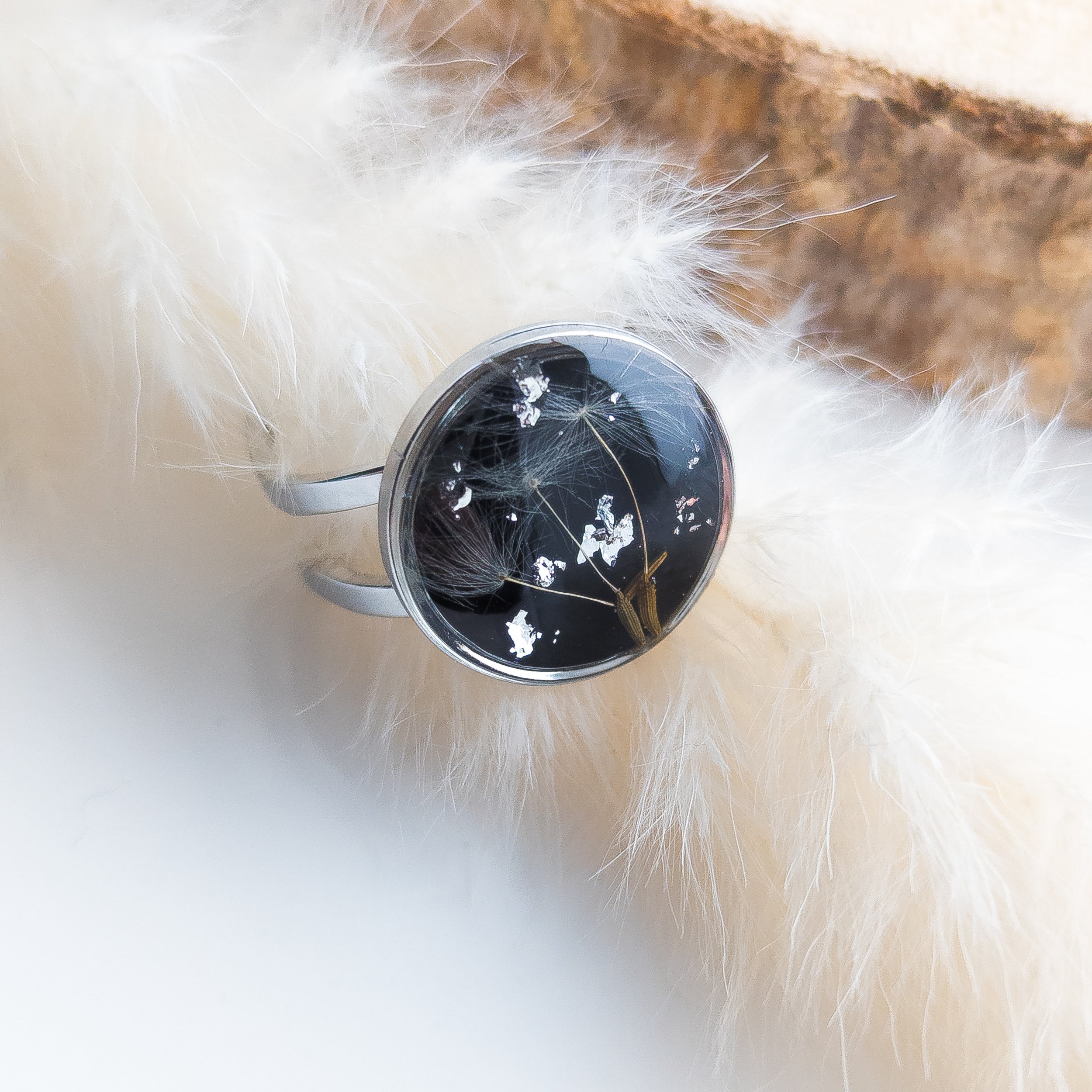 Adjustable Dandelion Wish Ring on Black