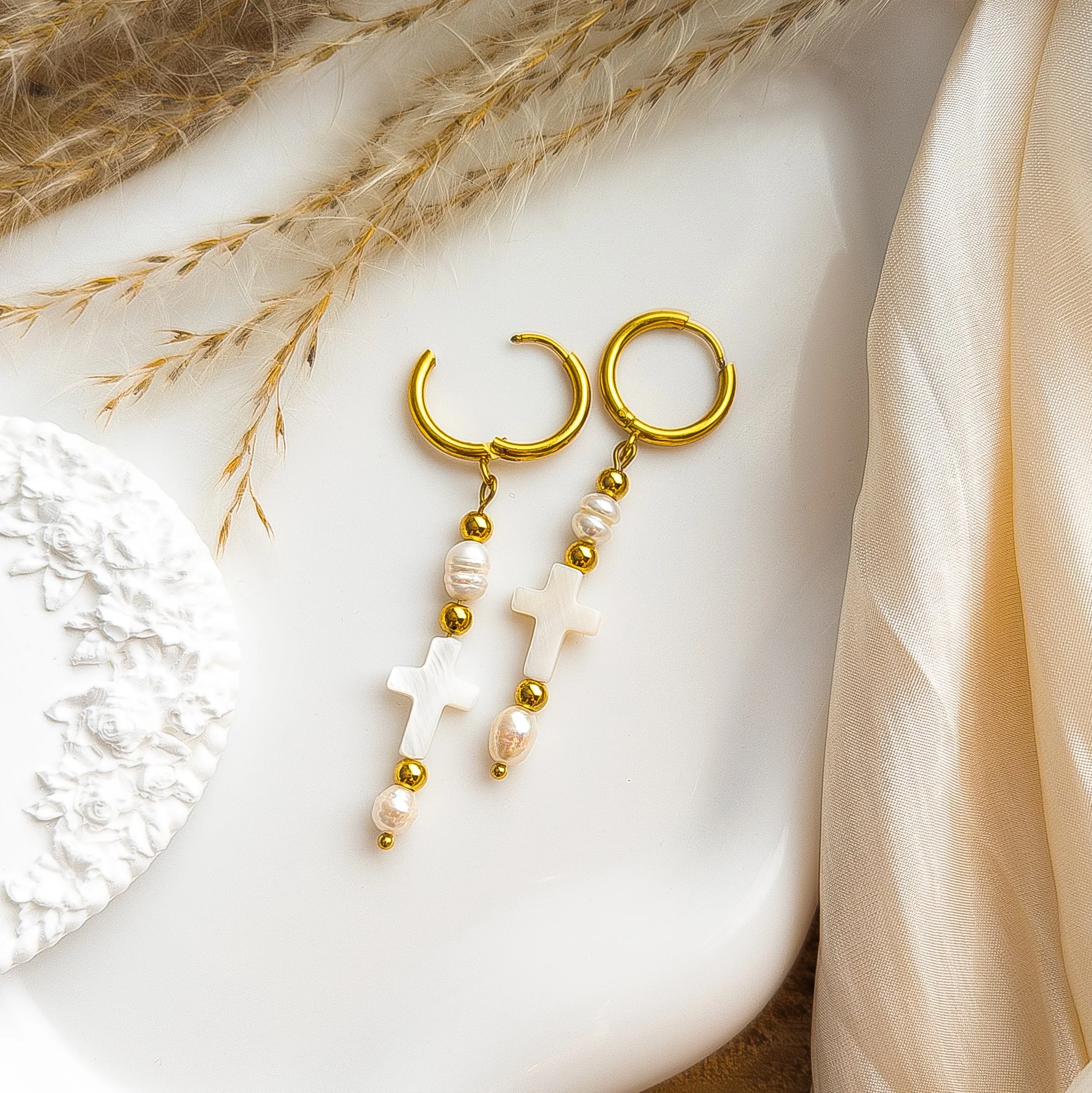 Divine Pearl Cross Hoop Earrings