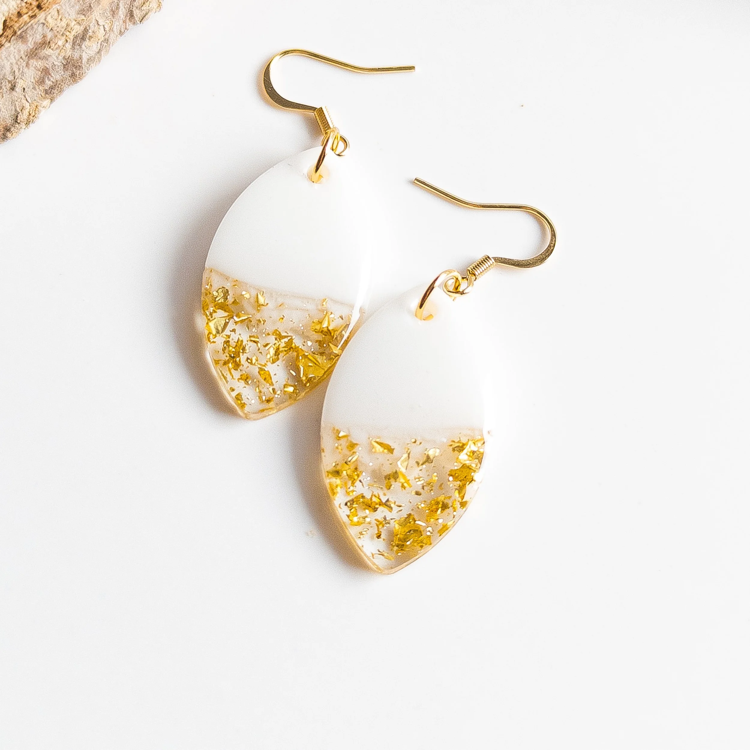 White and Gold Leaf Resin Earrings