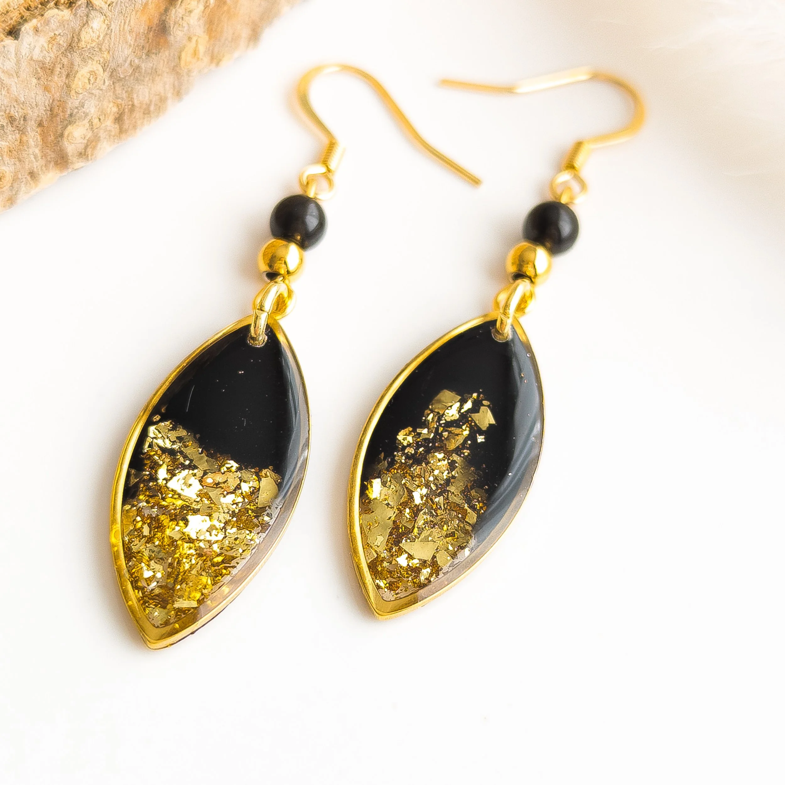 Obsidian Gold Leaf Earrings