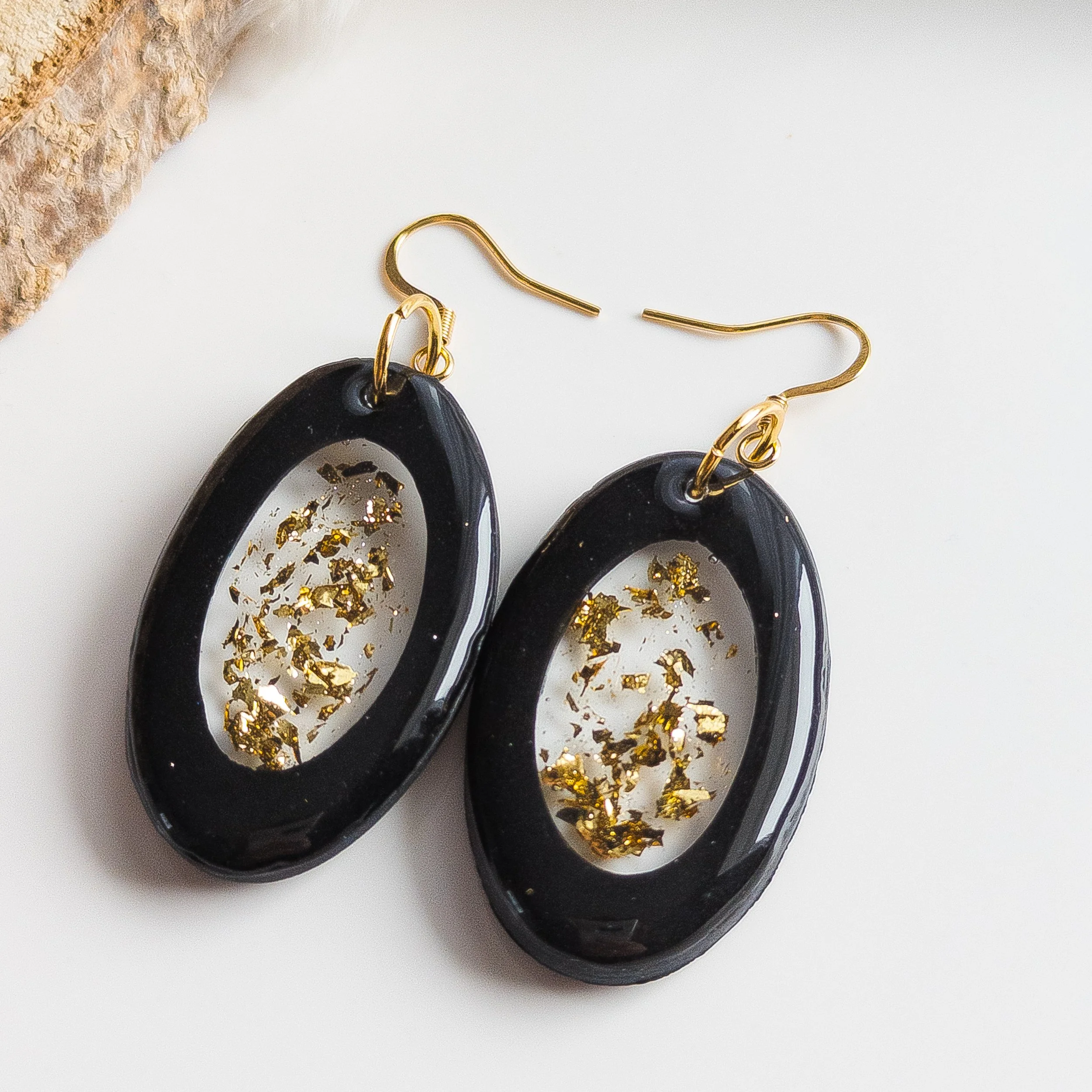 Black Oval Gold-Foil Earrings