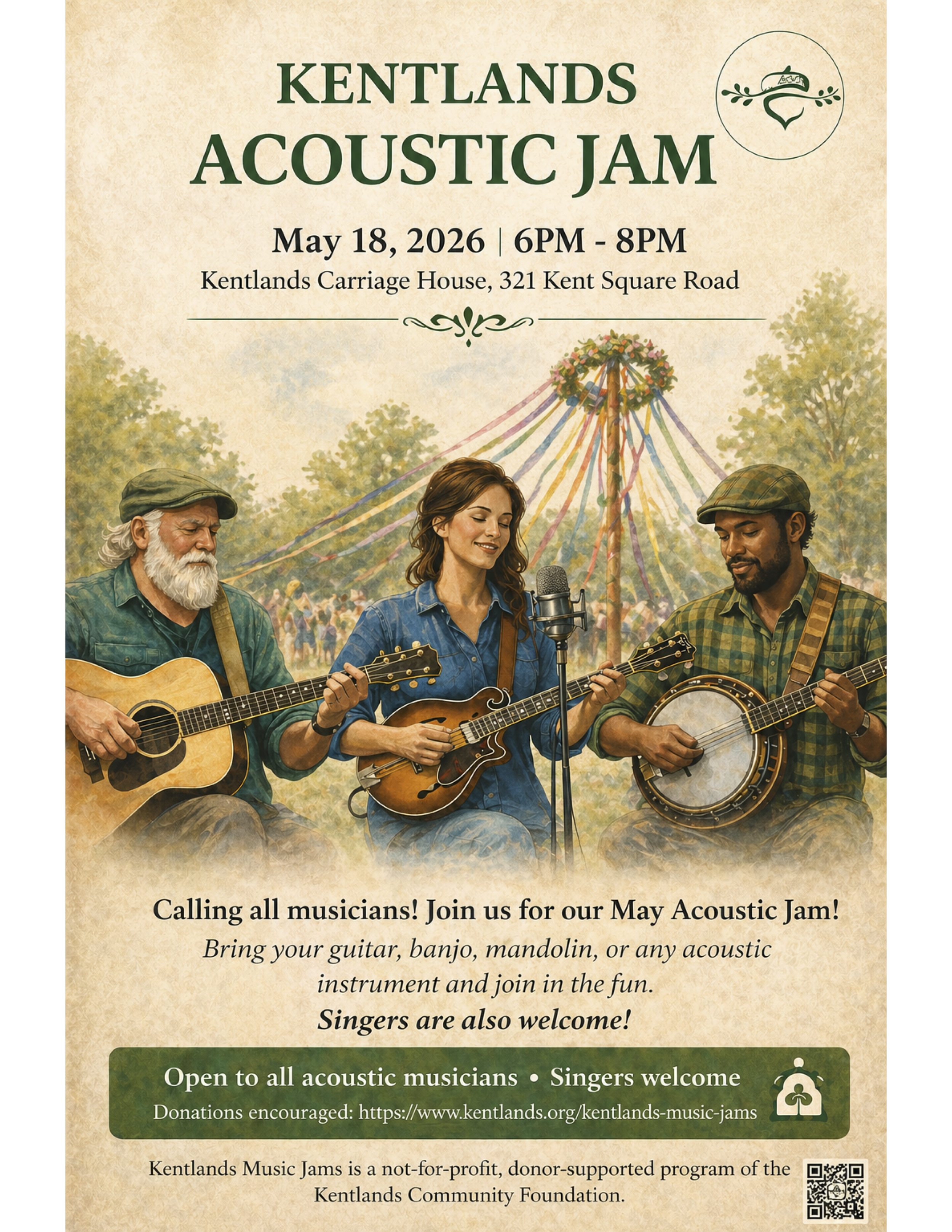 Promotional flyer for Kentlands Acoustic Jam featuring three people playing instruments