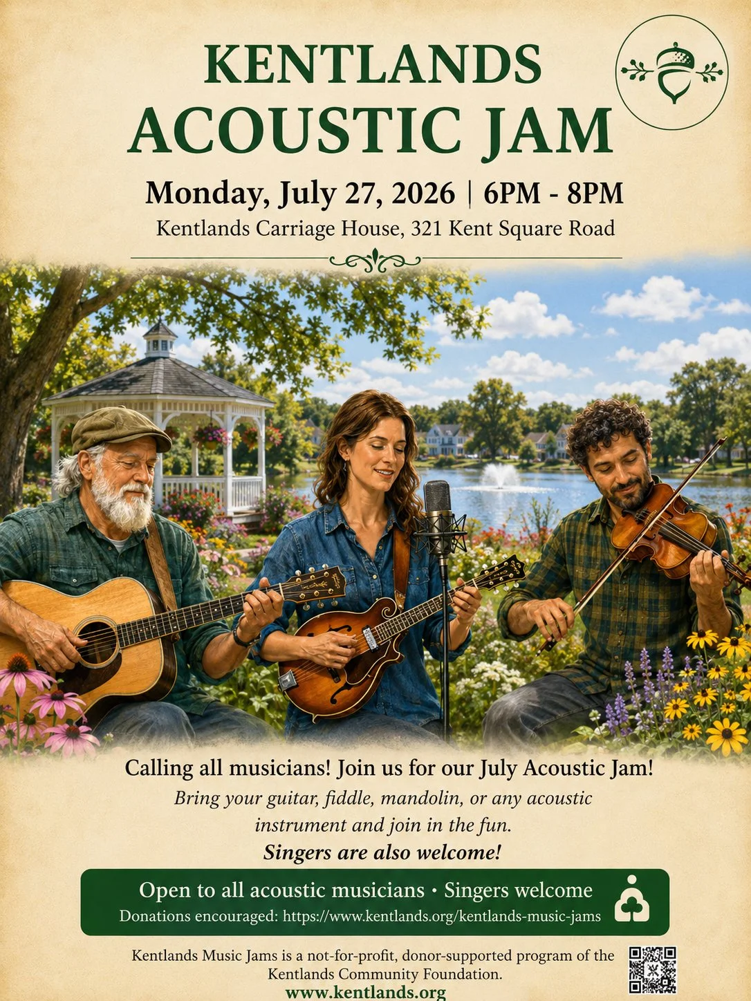 Flyer for the July 2026 Kentlands Acoustic Jams gathering
