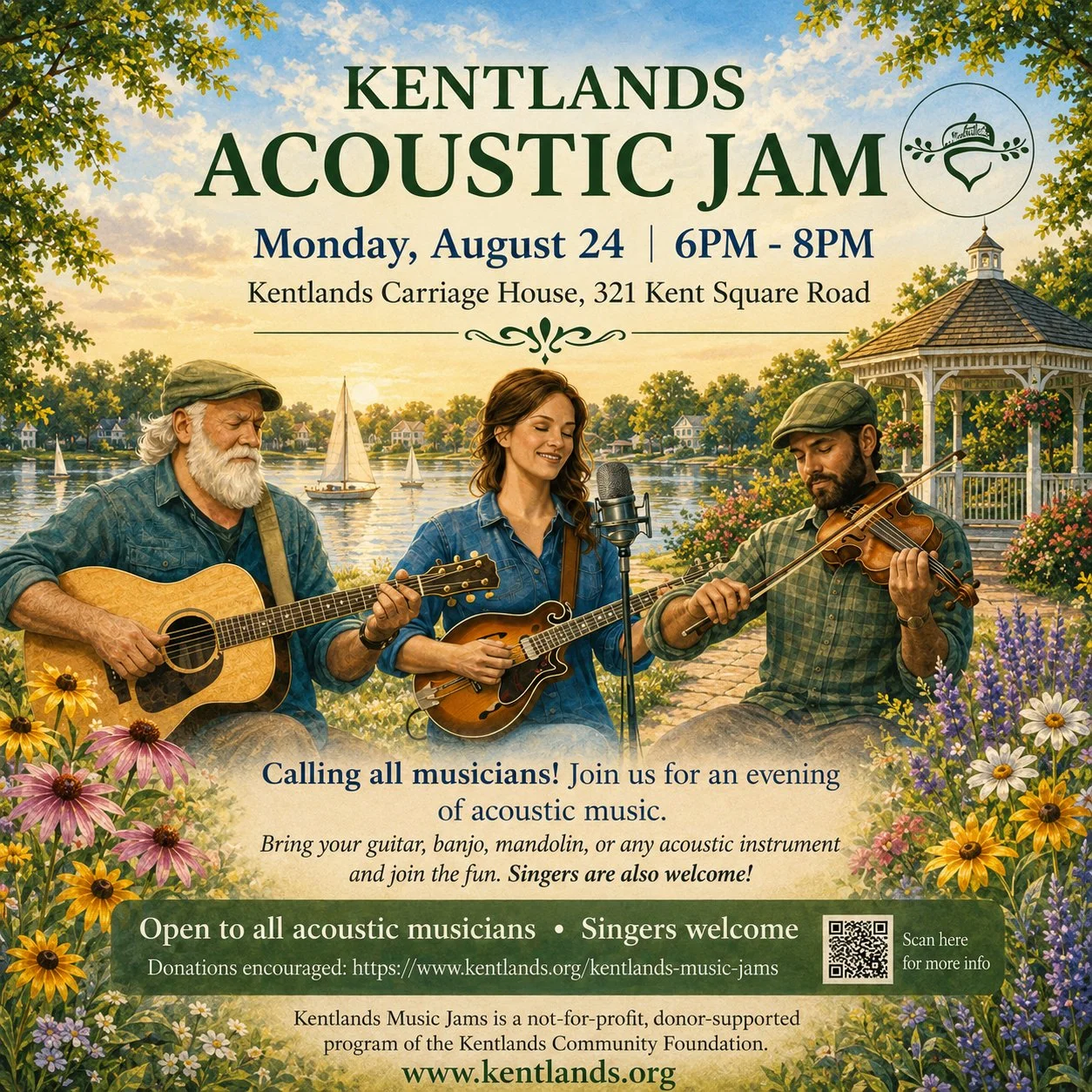 Flyer for the August 2026 Kentlands Acoustic Jams gathering