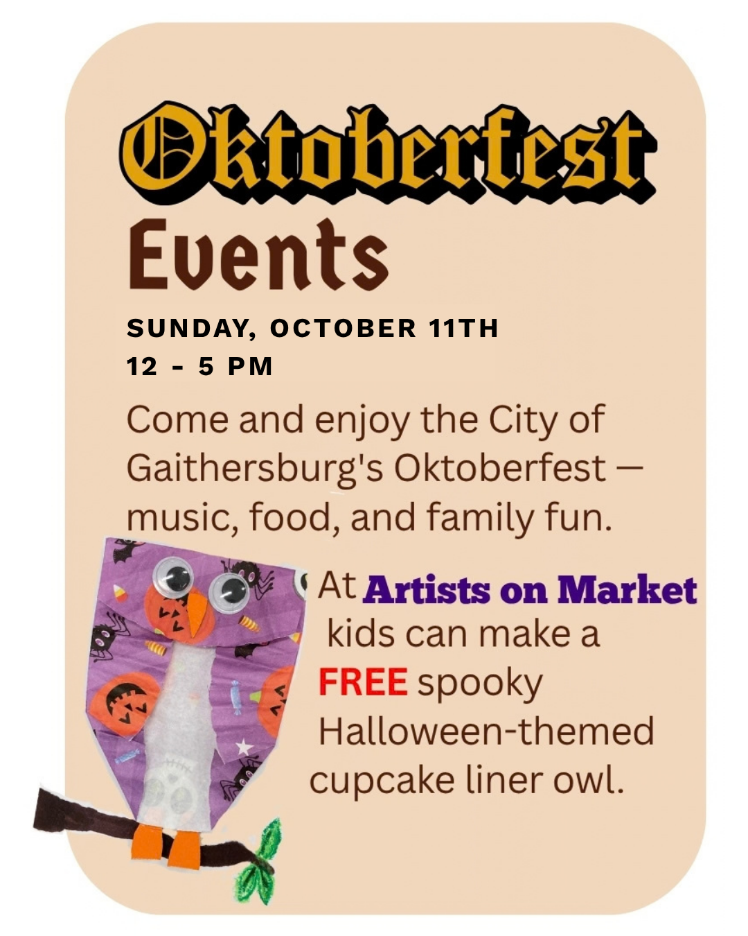 Flyer for Artists on Market's Oktoberfest craft event featuring a cupcake line owl