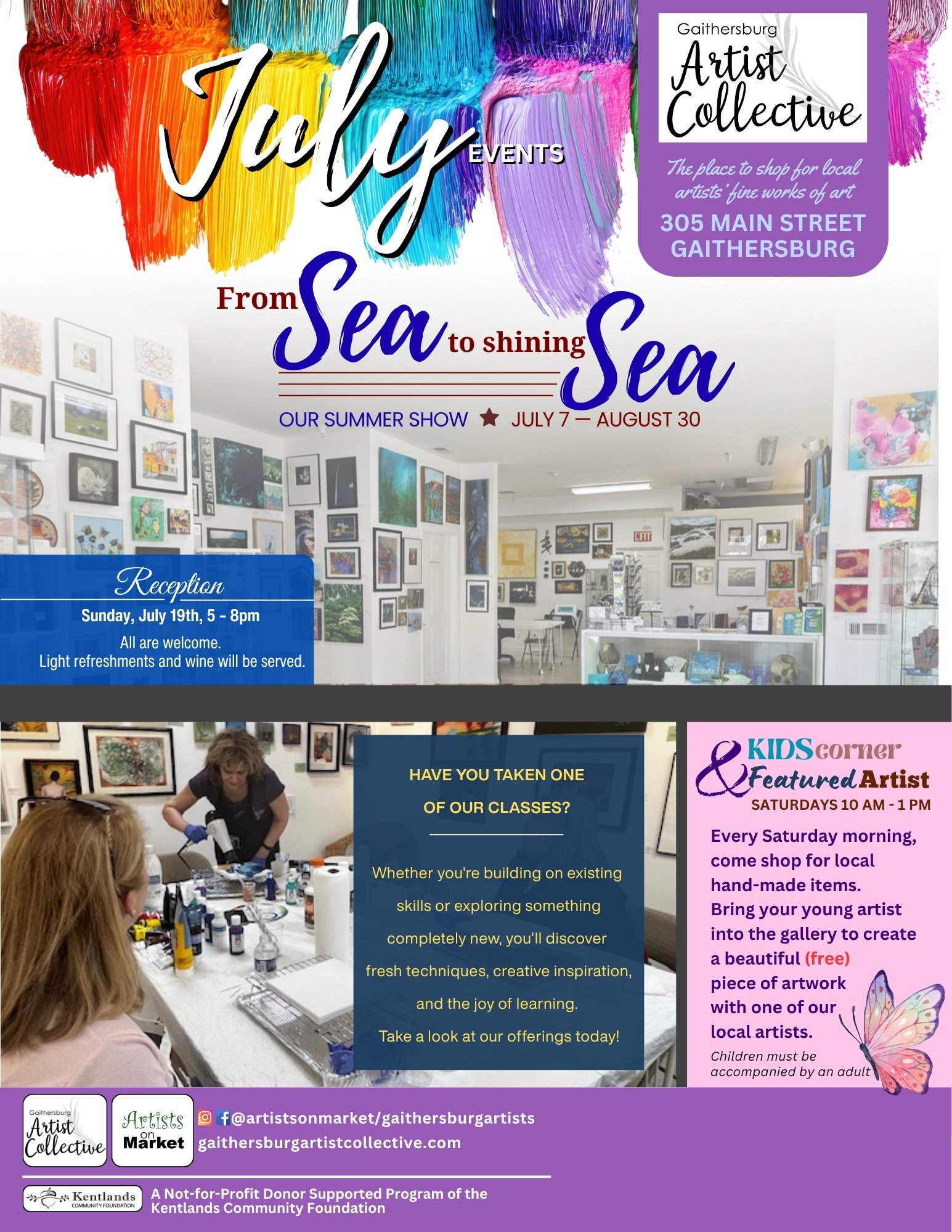 Flyer for July events at Artists on Market