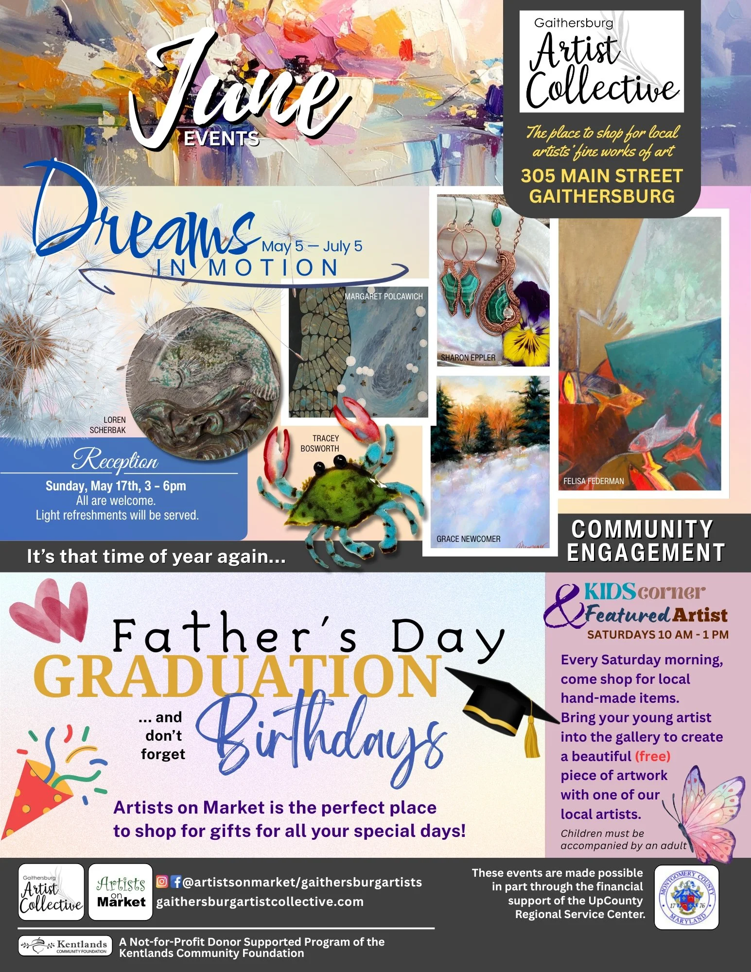 June events flyer for Kentlands Community Foundation's Gaithersburg Artist Collective