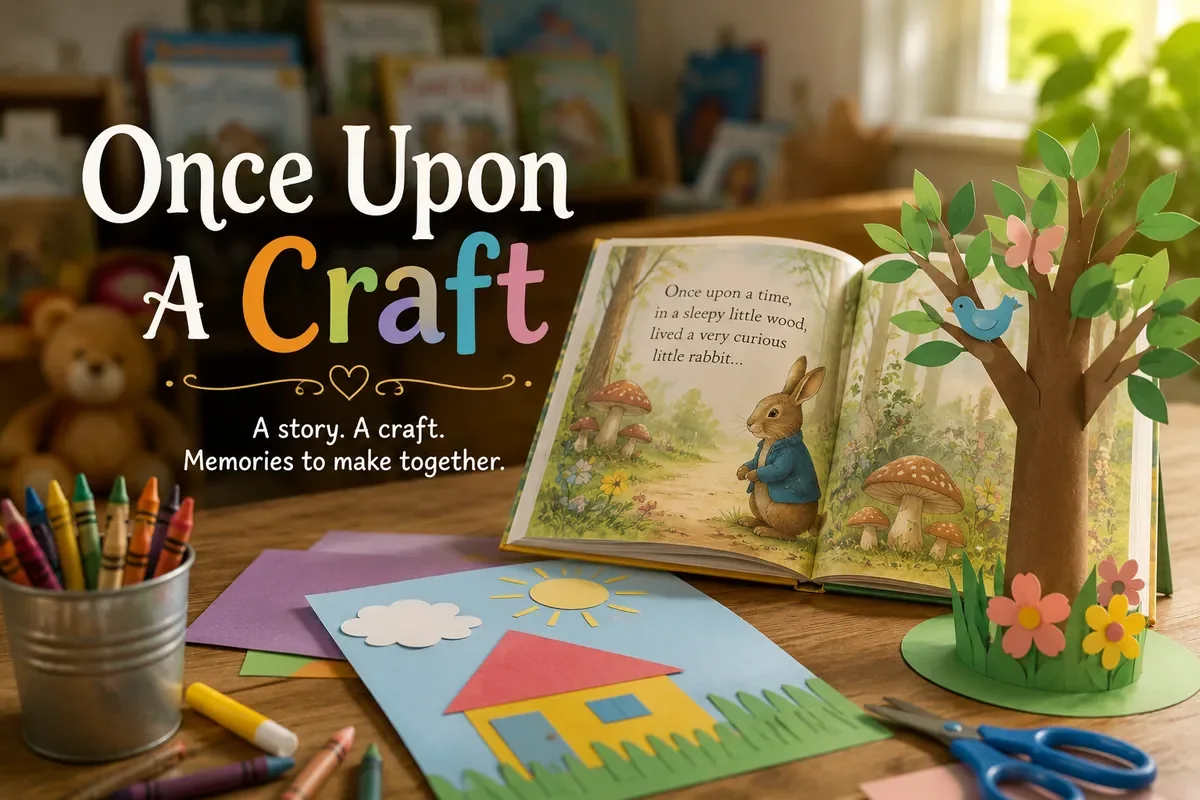 Photo of an open book surrounded by craft supplies