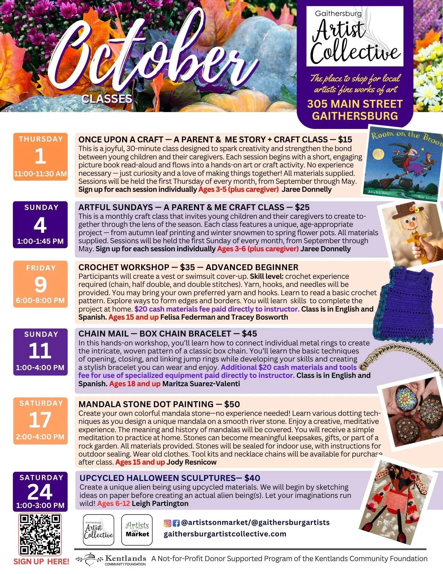 Flyer listing Artist On Market's October classes