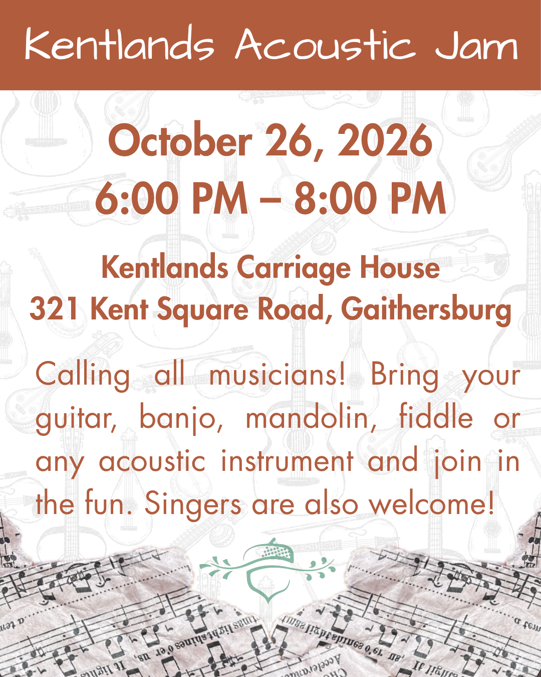 Flyer for the October Kentlands Acoustic Jam featuring sheet music and digital images of acoustic instruments