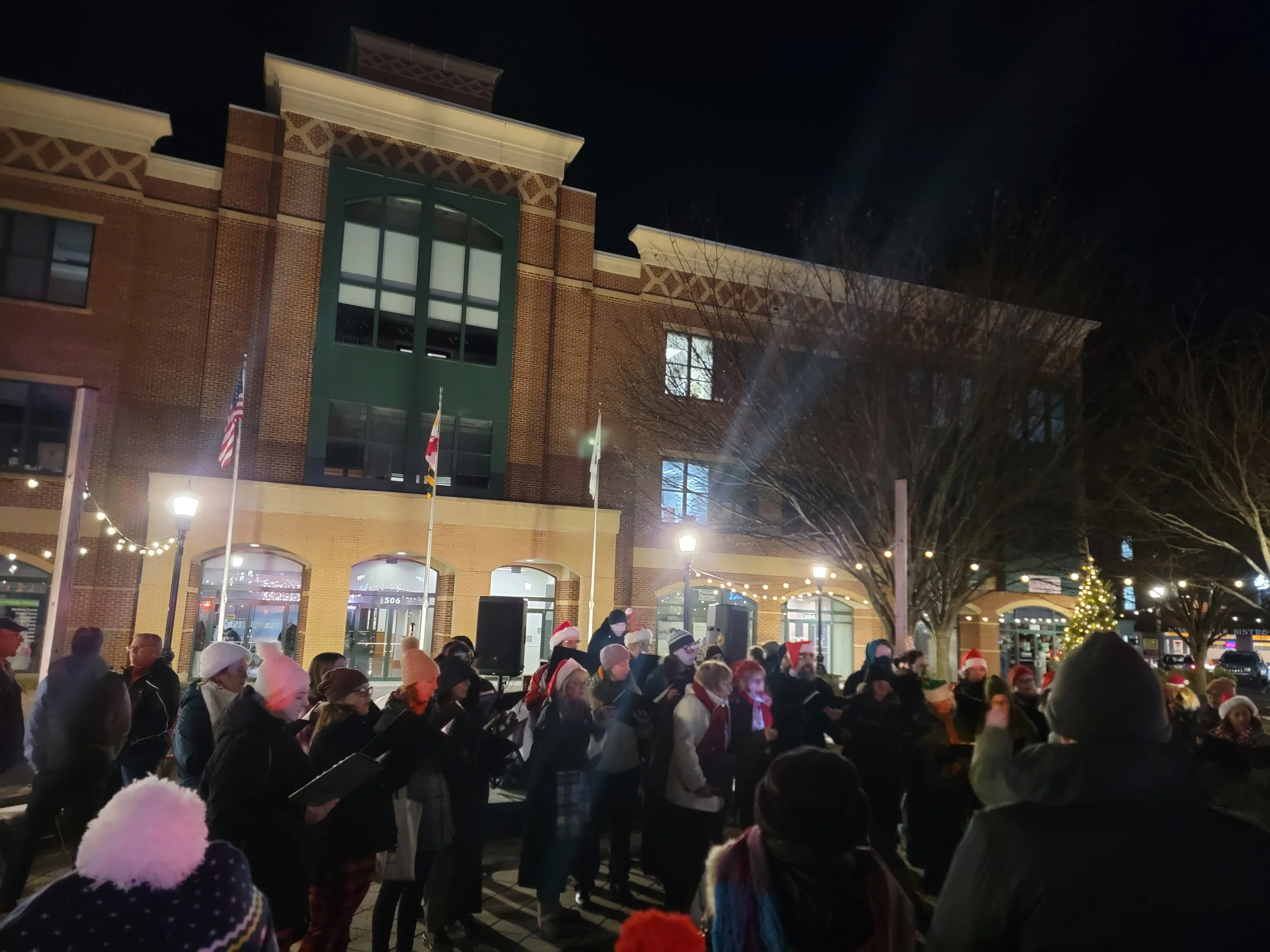 A crowd of people watching the Tree & Menorah Lighting