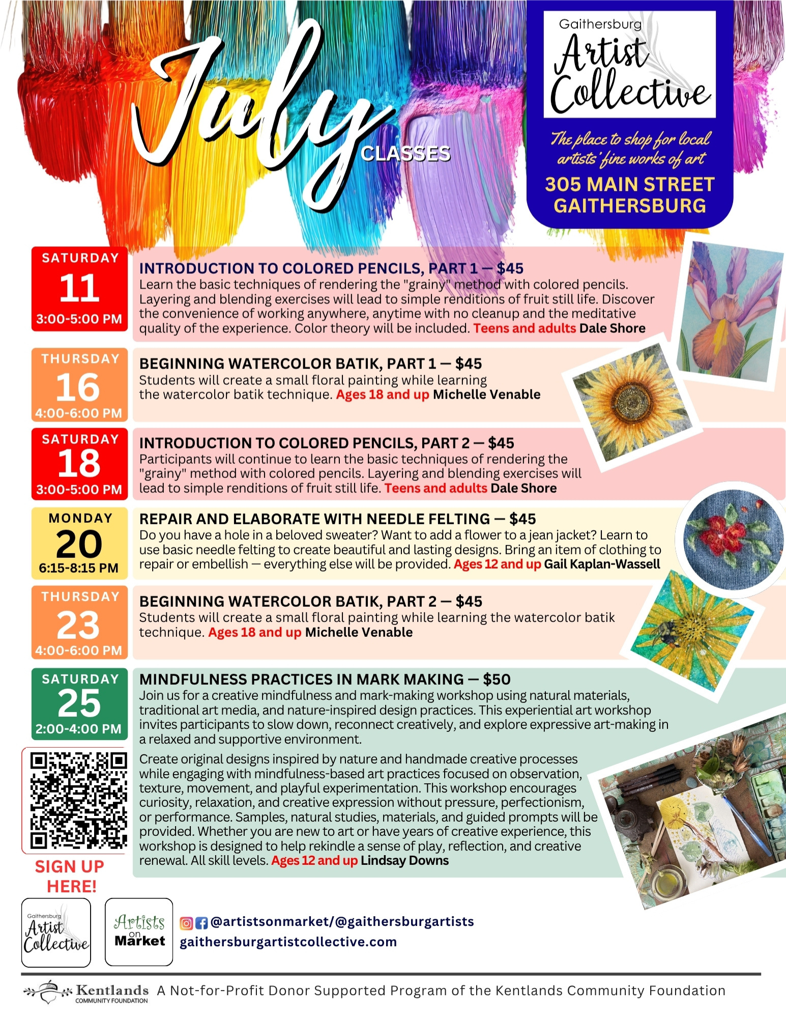 Flyer for Artists on Market's July art classes