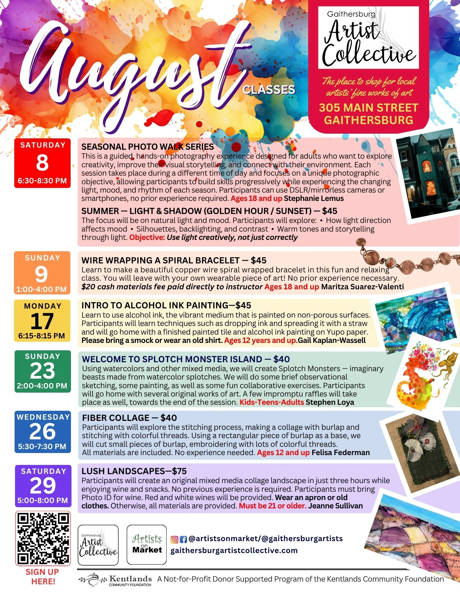 August 2026 Gaithersburg Artist Collective class flyer
