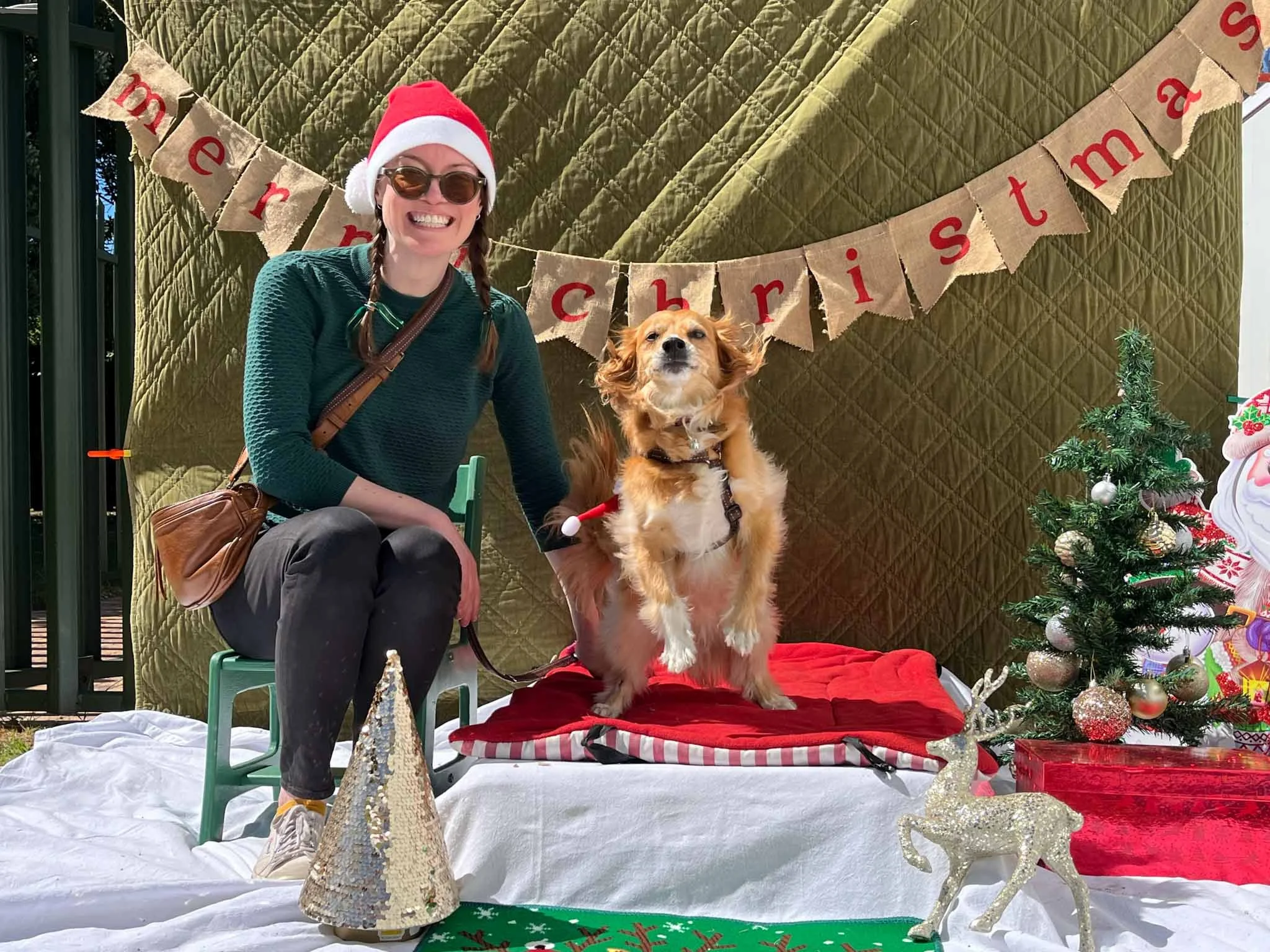 A woman in sunglasses and a Santa hat sitting beside a golden retriever dog on a red blanket, with a Christmas tree and decorations in the background, including a 